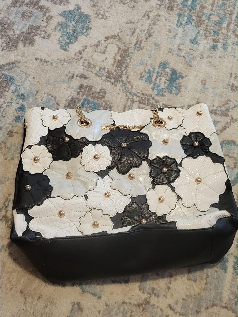 Betsey Johnson Black and White Floral Appliqué Tote